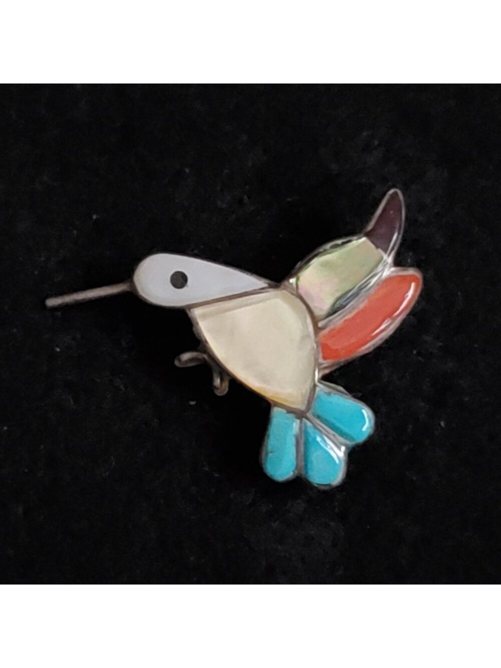 Vintage Hummingbird Brooch Southwestern Native Inlay Stone Sterling Silver 1"